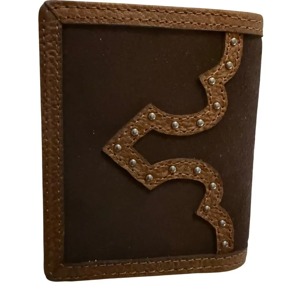 Justin Bifold Front Pocket Wallet, Brown Suede Leather, Tan Yoke & Studs, NWT